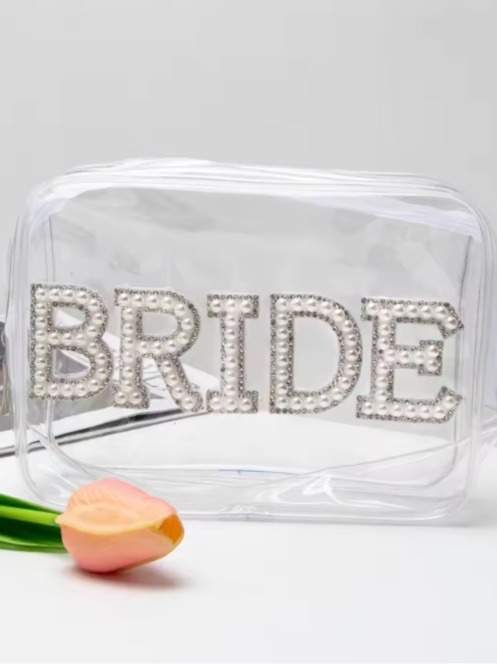 Macy's Clear Bride Cosmetic Bag with Pearl & Rhinestone Lettering